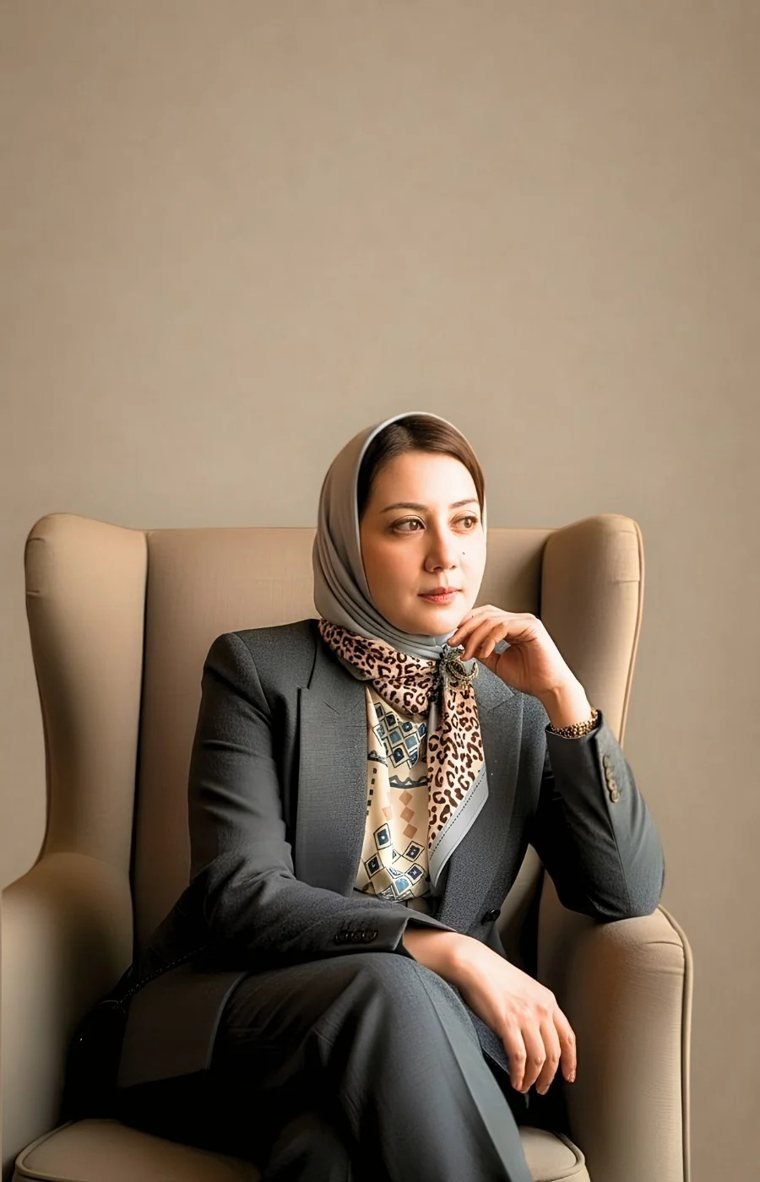 Shairin Sharif seated in a beige armchair