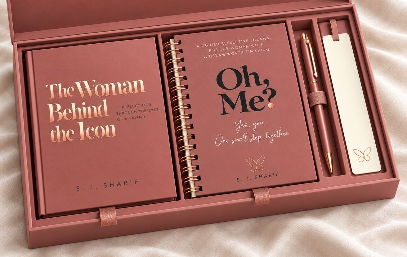 The S.J. Sharif gift box, open, with The Woman Behind the Icon, the Oh, Me? journal, a rose-gold pen and a bookmark